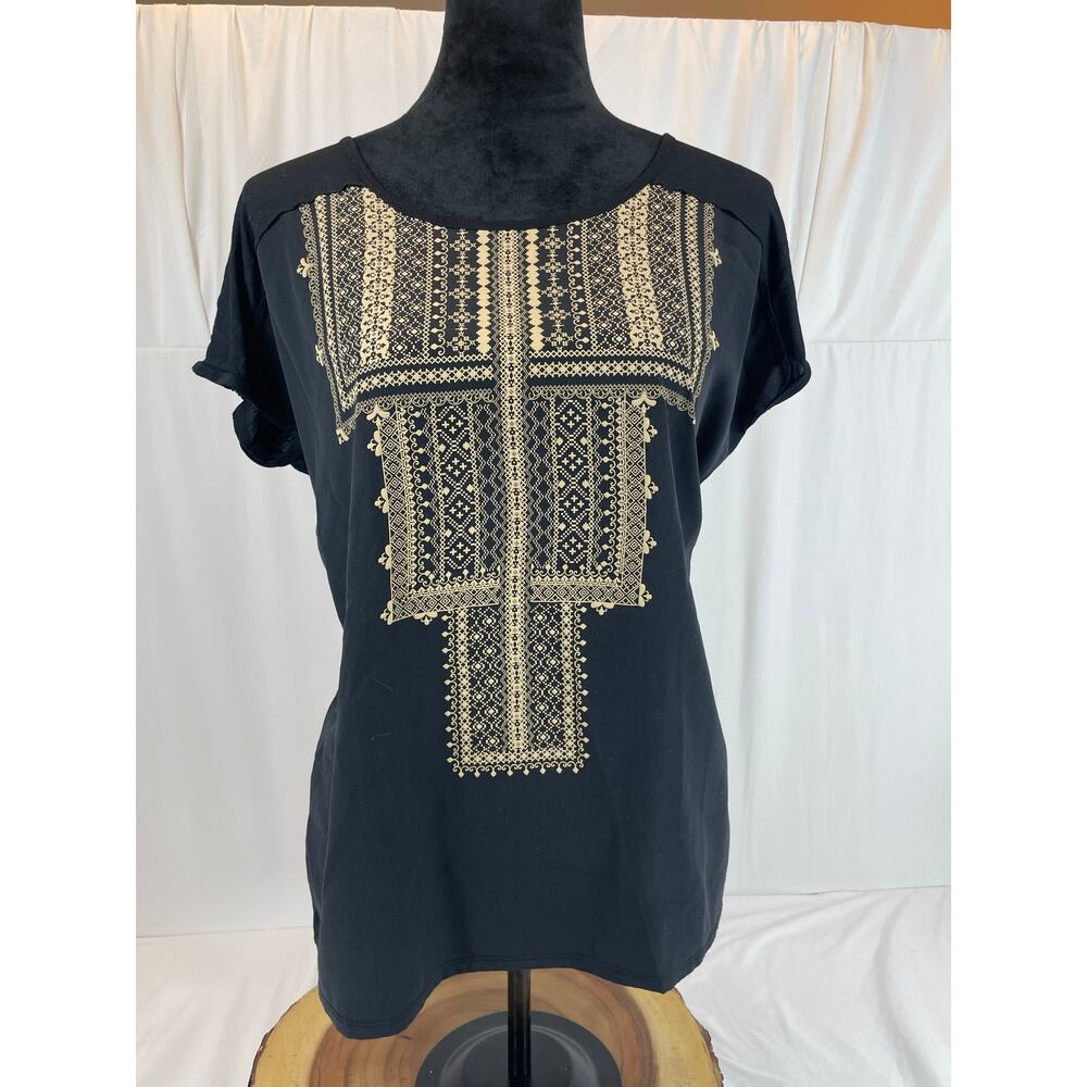 C Embroidered Boho Top Black Gold Geometric Aztec Short Sleeve Shirt S